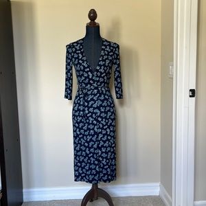 Reformation Carrie wrap dress midi length, blue with white floral print, size S